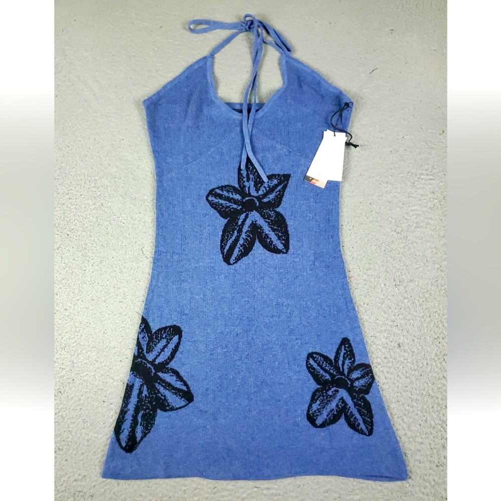 Honor The Gift Blue W/Black Lotus Flowers Halter Open Back knitted Sun Dress